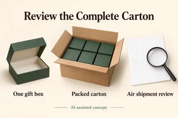 AI-assisted concept comparing one gift box with a packed shipping carton and a separate air-shipment review.
