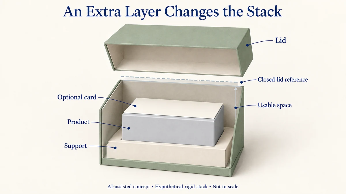 AI-assisted cutaway concept of a rigid gift-box stack with support, product and one plain card touching the product top, a raised separate lid and a dashed closed-lid reference.
