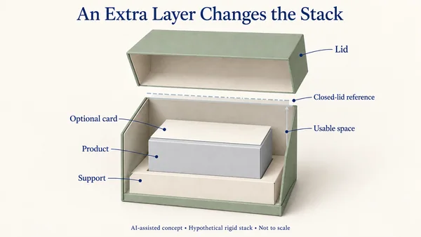 AI-assisted cutaway concept of a rigid gift-box stack with support, product and one plain card touching the product top, a raised separate lid and a dashed closed-lid reference.