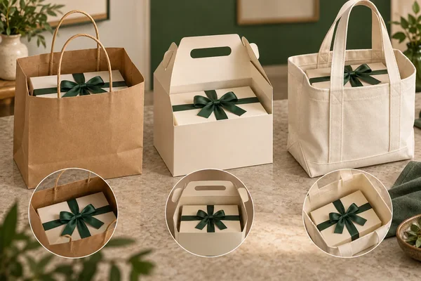 One boxed gift compared across bag, gable carrier and tote