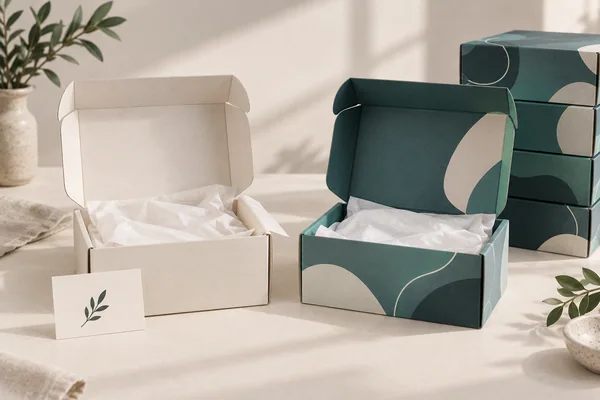 Plain cream gift box beside a printed green gift box and spare printed boxes