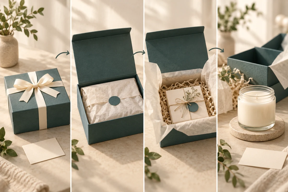 Four pictorial stages of closed, partly opened and open gift packaging