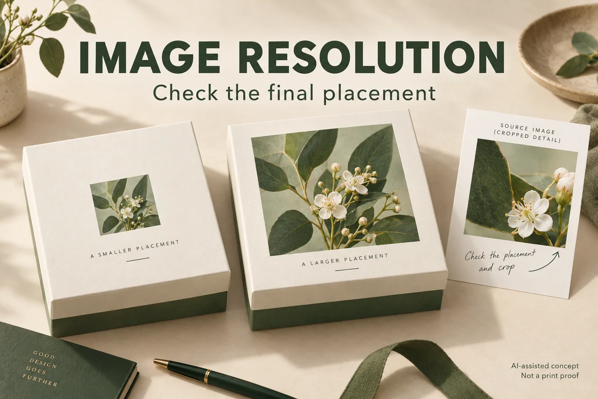 Hypothetical packaging-image placement and crop cards, not a measured print comparison.