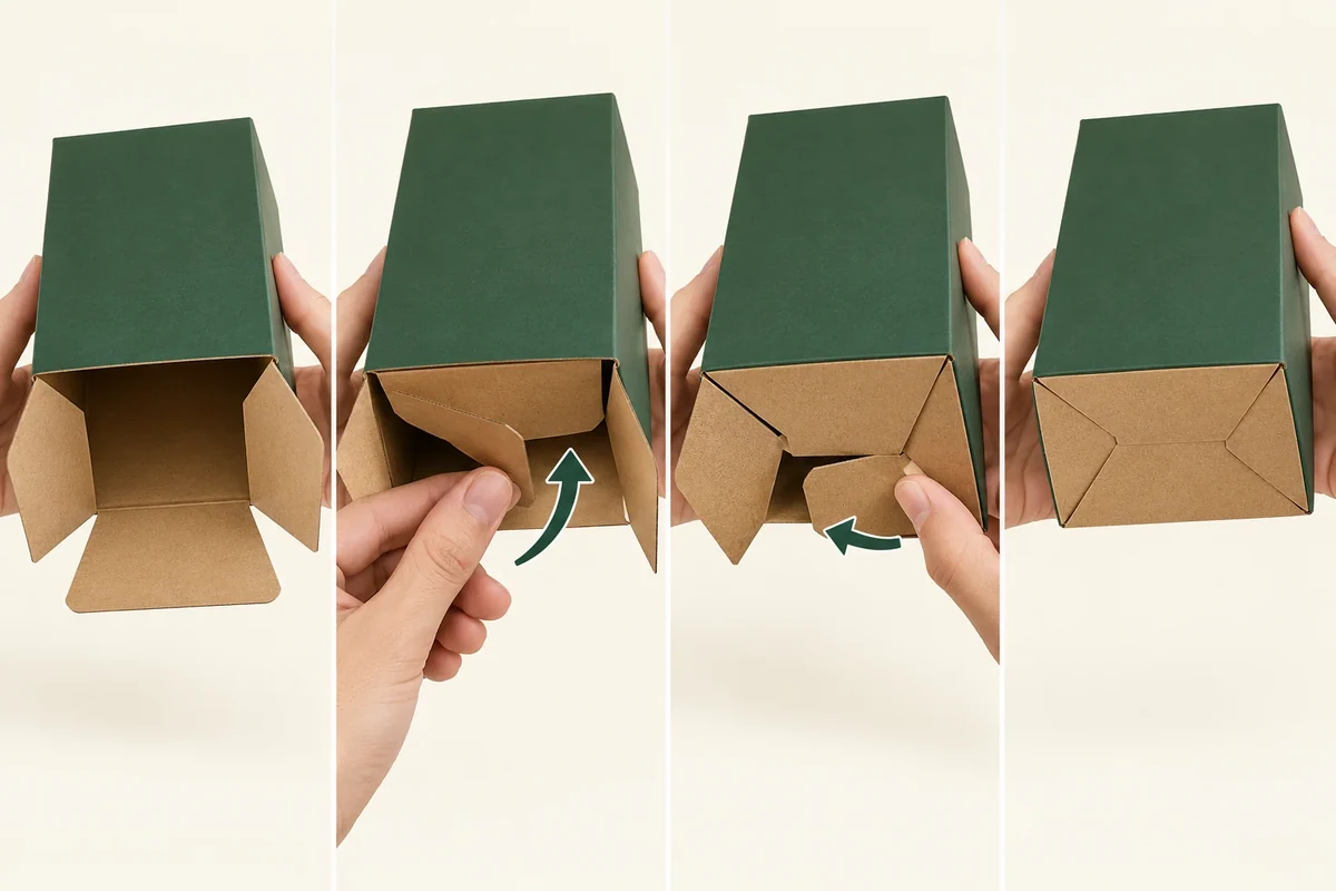 Four manual bottom-folding views show the moving tabs and final empty-base state.