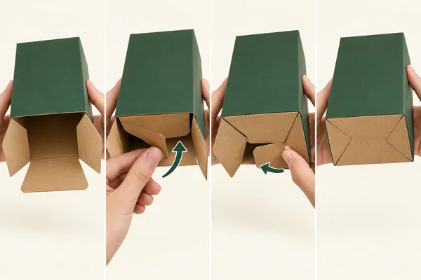 Four manual bottom-folding views show the moving tabs and final empty-base state.