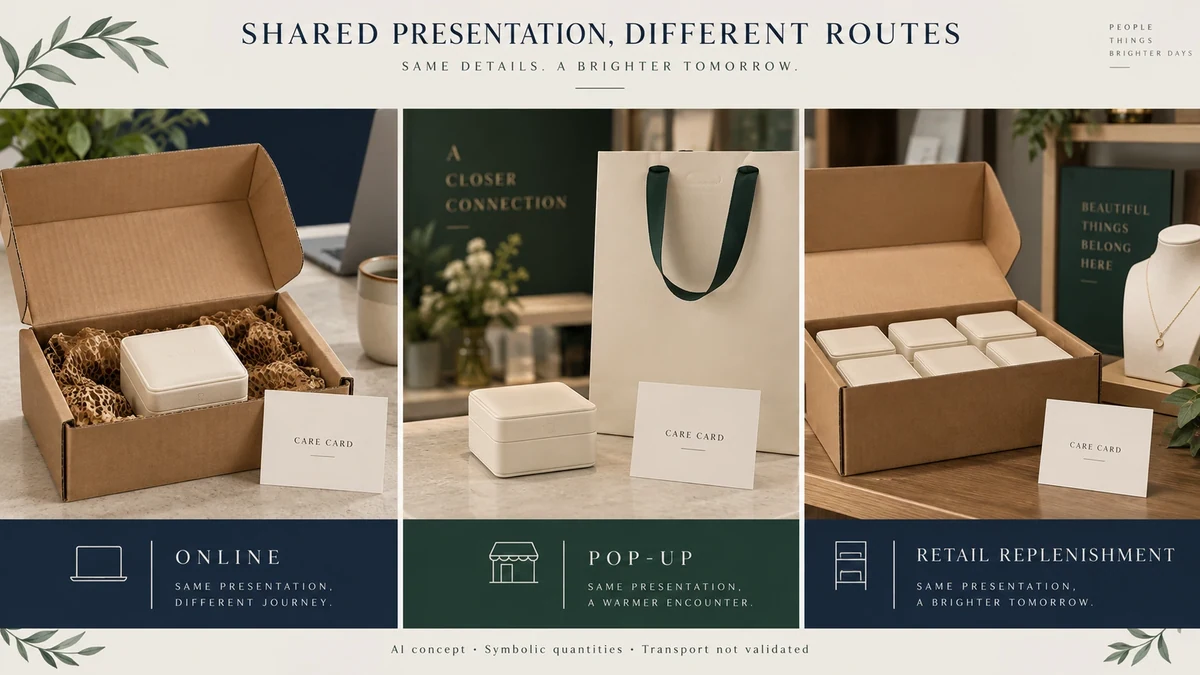 AI concept showing a shared presentation box and care card in distinct online parcel, pop-up handover and retail replenishment routes.