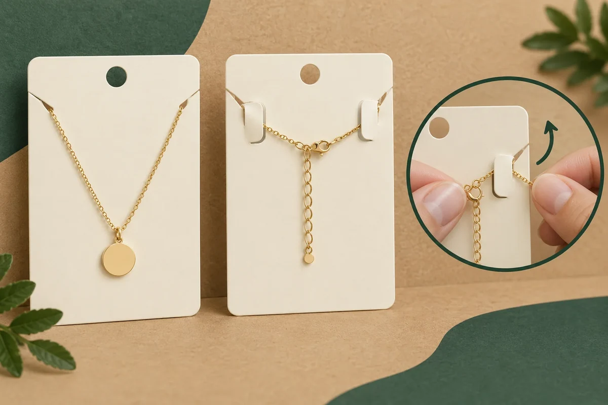 Necklace-card front and rear show chain routing and an enlarged two-hand attachment/release action.