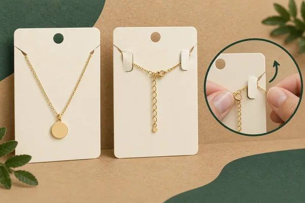 Necklace-card front and rear show chain routing and an enlarged two-hand attachment/release action.