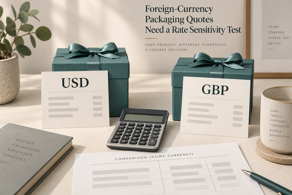 Two teal ribboned gift boxes behind cards labeled USD and GBP, with a calculator, comparison sheet and English title and decorative phrases.