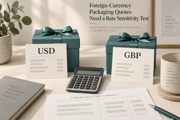 Two teal ribboned gift boxes behind cards labeled USD and GBP, with a calculator, comparison sheet and English title and decorative phrases.