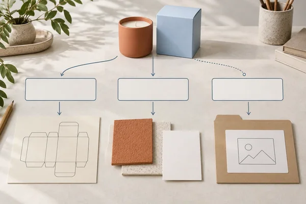 Product and box concepts lead to separate blank question fields, structural drawing and material references.