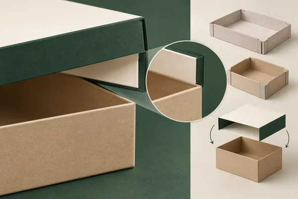 Lid-and-base concept with an enlarged turned wrap edge and component formation views
