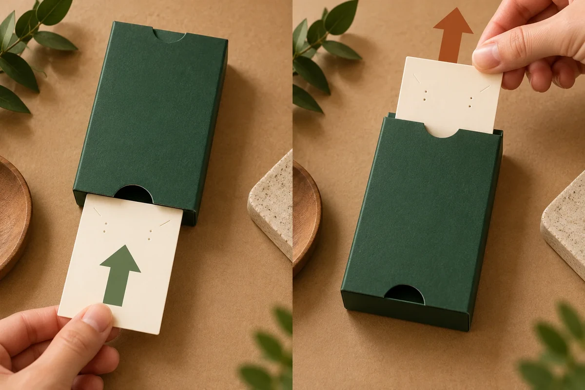 A card enters one carton end and is removed from the other, with different motion arrows and grips.