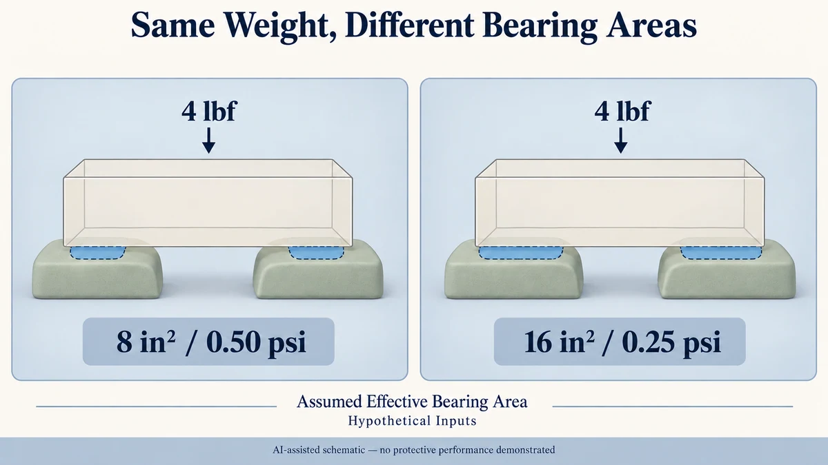 AI-assisted hypothetical equal supported weight of 4 lbf on two assumed load-sharing cushion layouts, labeled 8 in² / 0.50 psi and 16 in² / 0.25 psi; no protective performance is demonstrated.