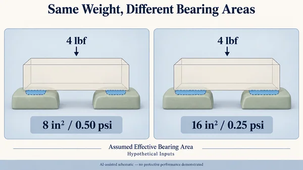 AI-assisted hypothetical equal supported weight of 4 lbf on two assumed load-sharing cushion layouts, labeled 8 in² / 0.50 psi and 16 in² / 0.25 psi; no protective performance is demonstrated.