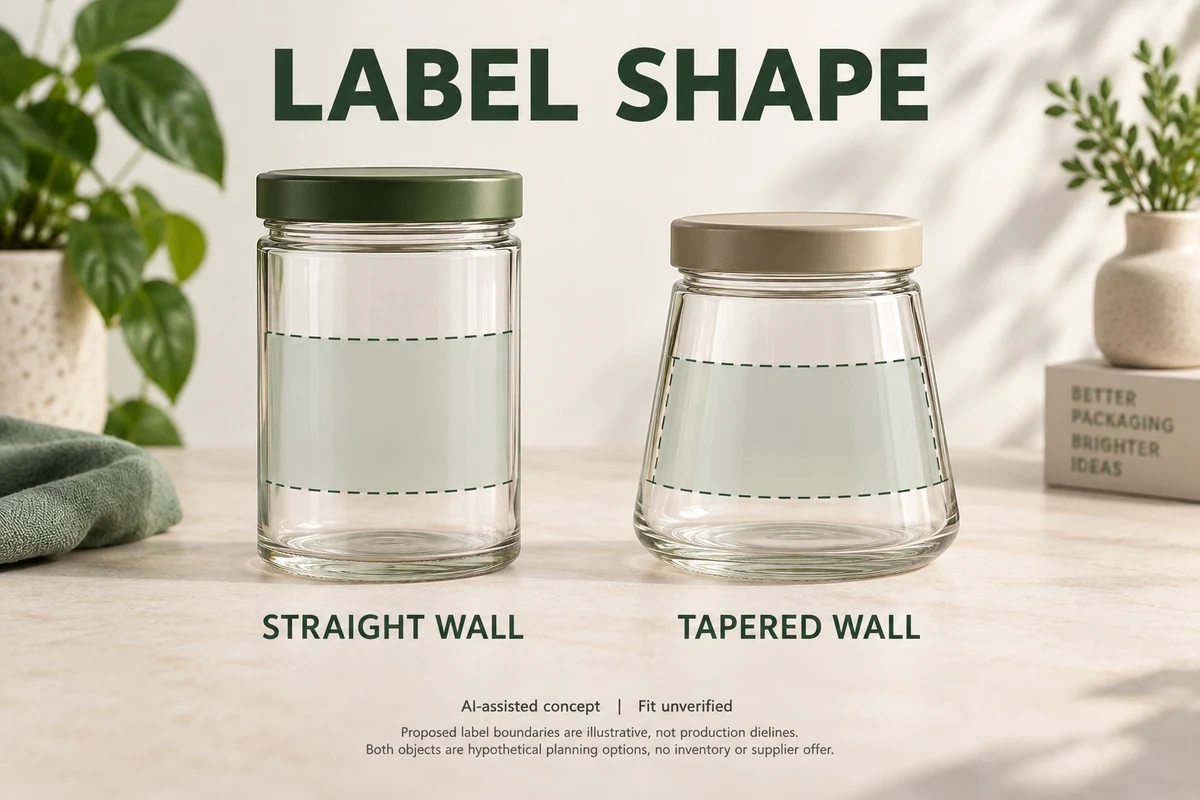 Hypothetical front-panel and shaped-wrap paper candidates near straight and tapered containers.