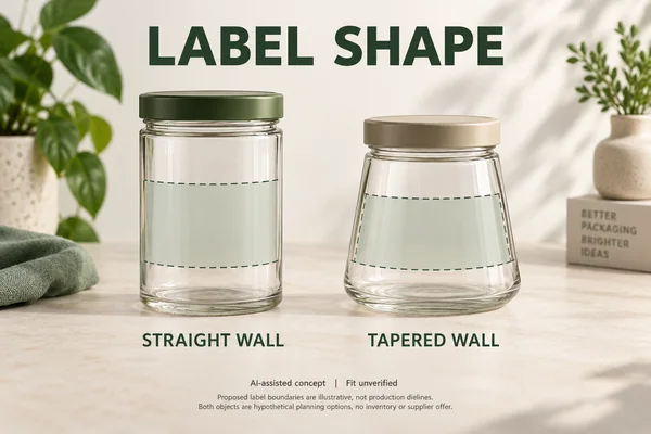 Hypothetical front-panel and shaped-wrap paper candidates near straight and tapered containers.