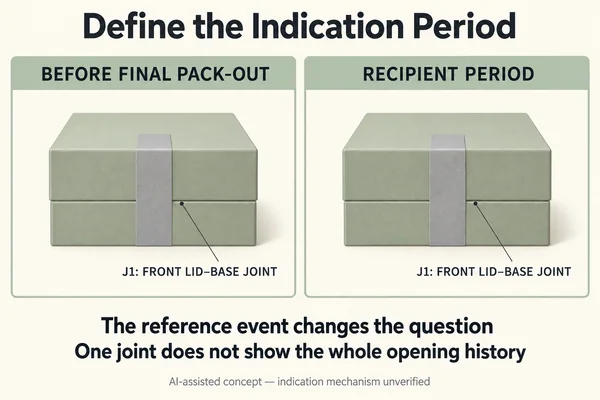 AI-assisted concept comparing before-final-pack-out and recipient periods at the hypothetical front lid-to-base joint J1, with blank seal bridges and no demonstrated material response.