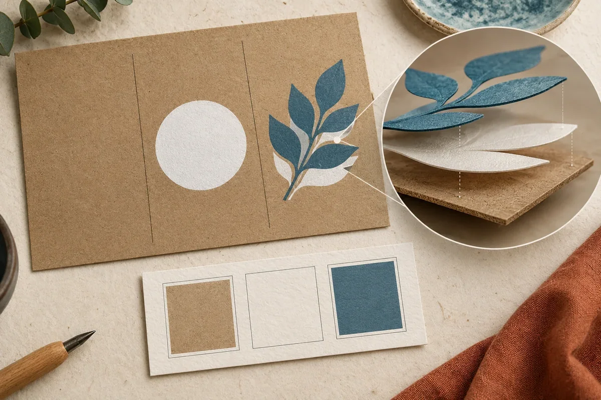 Kraft artwork has white printed areas and an exploded underprint/color-separation concept with surface references.