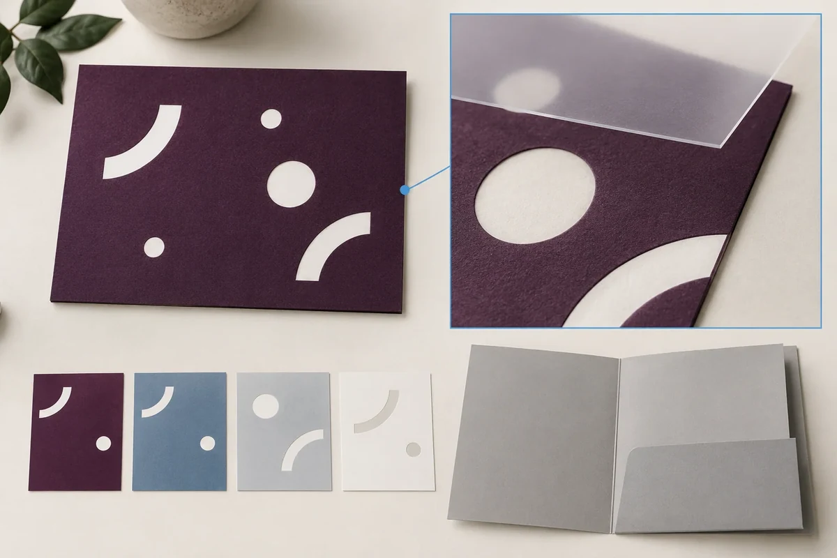 Reversed white marks contrast with different colored backgrounds and a separate finish-layer concept.