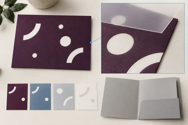 Reversed white marks contrast with different colored backgrounds and a separate finish-layer concept.