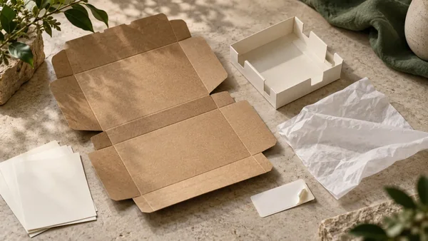 Illustrative carton, insert, tissue and blank document cards shown separately for a material-claim review.