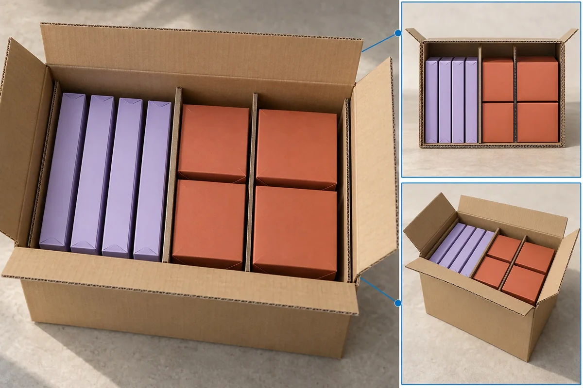 Violet and terracotta retail packs share a divided outer carton, shown from matched top and angled views.