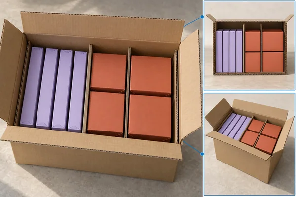 Violet and terracotta retail packs share a divided outer carton, shown from matched top and angled views.