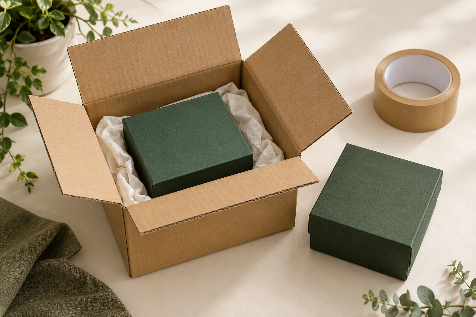 Umkarton mit vier Klappen um eine innere Geschenkbox mit Seidenpapier, daneben eine separate Innenbox.