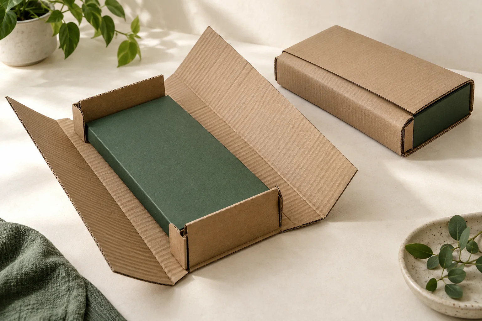 Konzepte für Buchverpackungen aus Wellpappe mit offenen Umschlagflächen um ein flaches Geschenk und geschlossener Vergleichsansicht.