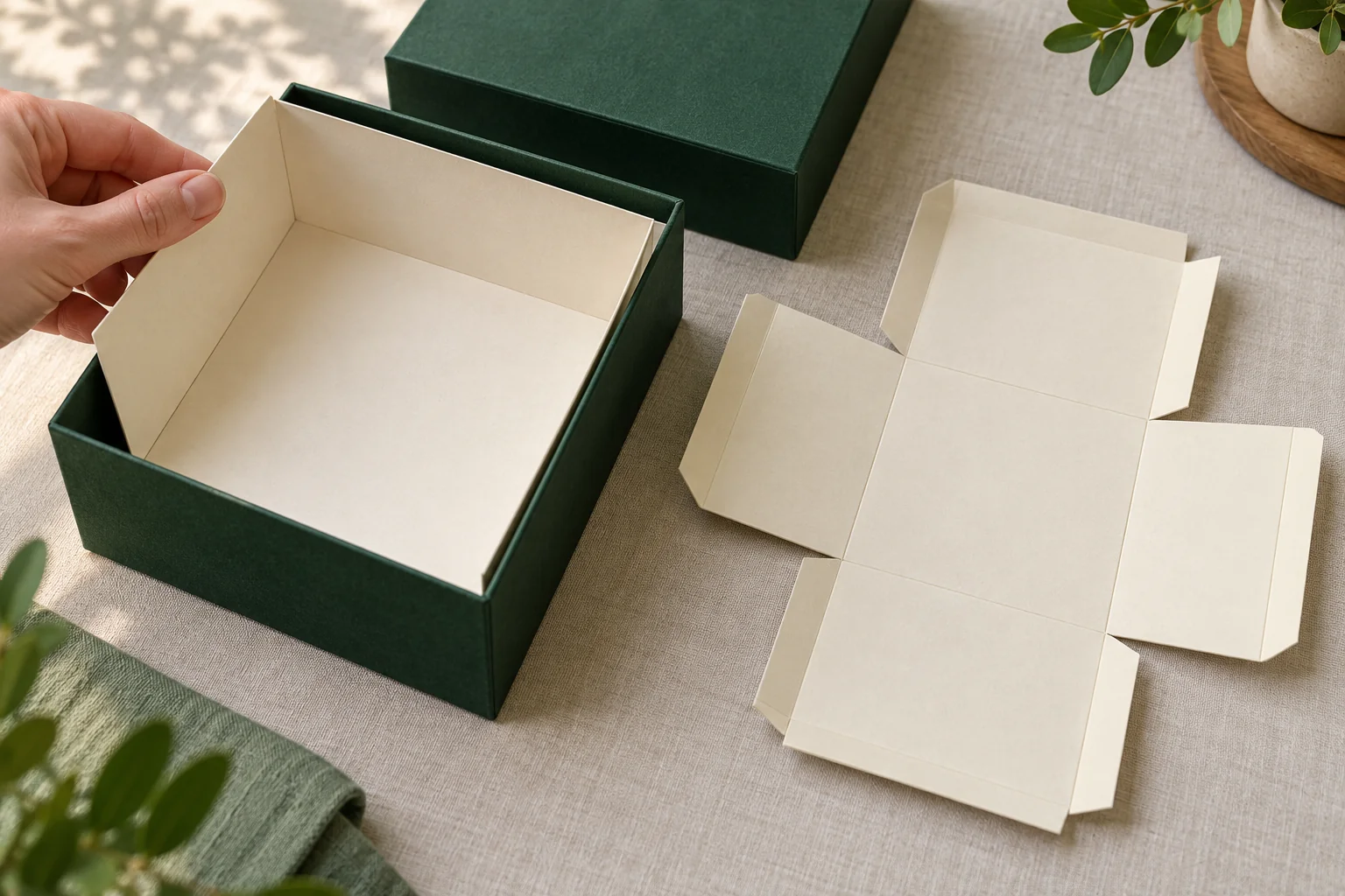 Gefaltete elfenbeinfarbene Auskleidung sitzt in einer Box neben ihrem offenen Zuschnitt und einer Hand an der Wand.