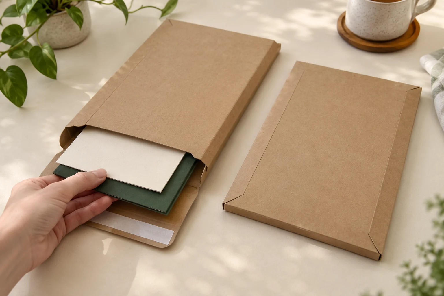 Konzepte für feste Kartonversandtaschen: Einschieben von Karte und flachem Produkt sowie geschlossene Vergleichsansicht.