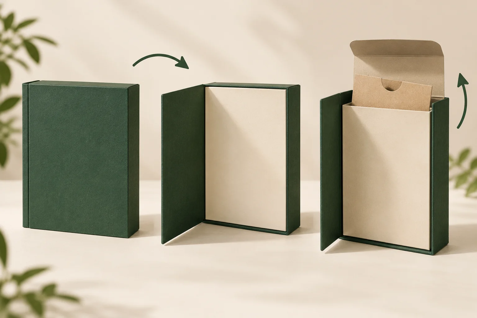 Gefalteter Deckel im Buchstil öffnet sich neben der inneren oberen Öffnung, mit Konzept zur Kartenentnahme.