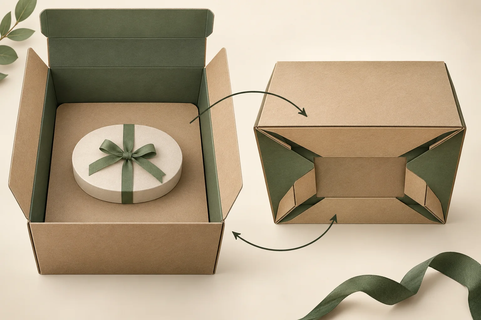 Bestücktes Geschenk über einer vollflächigen Bodenklappe; separate Unteransicht zeigt die vorbereiteten Bodenbereiche.