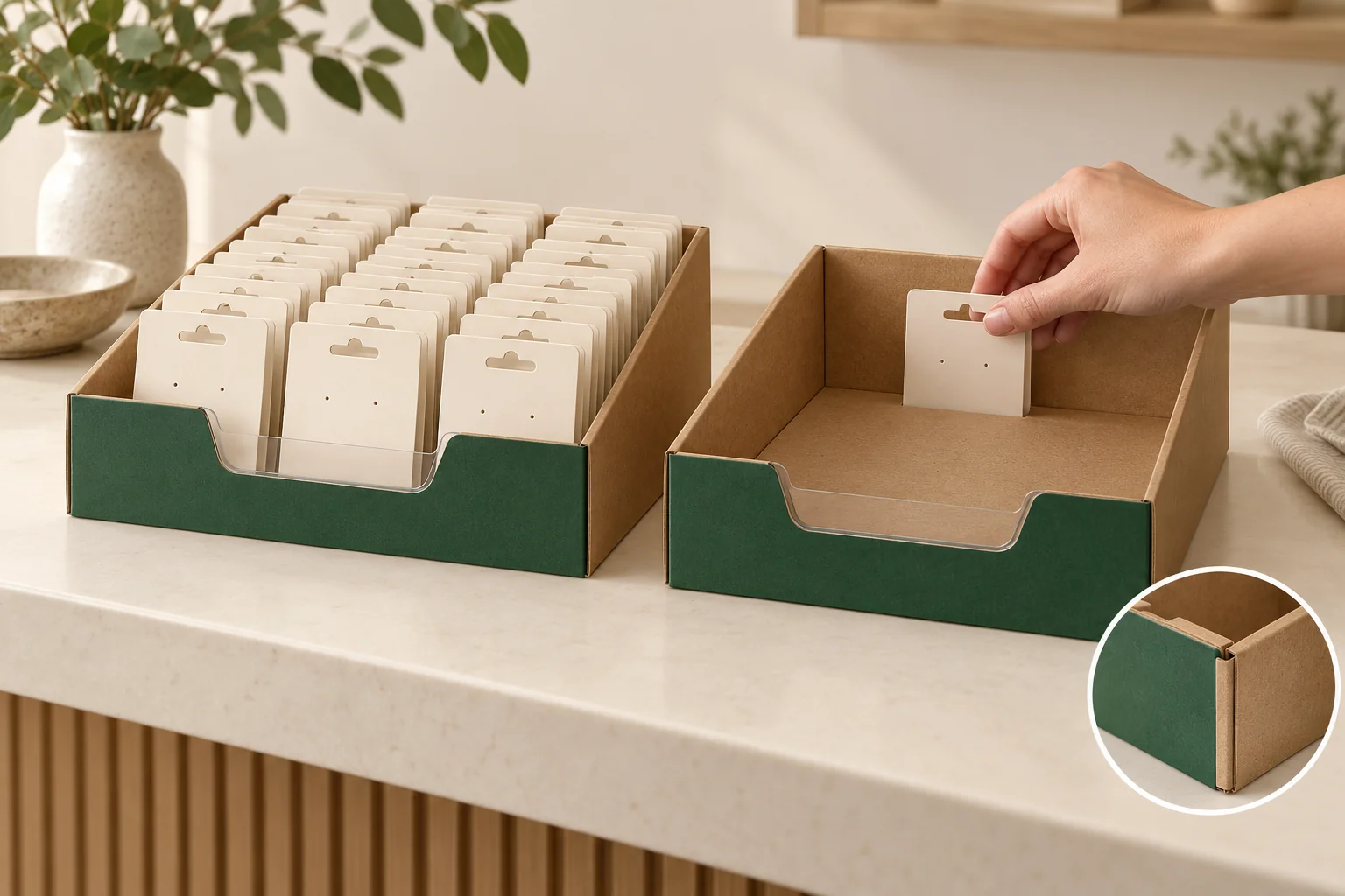 Gefüllte und leere Thekenschalen mit Frontöffnung, packender Hand und vergrößerter vorbereiteter Ecke.