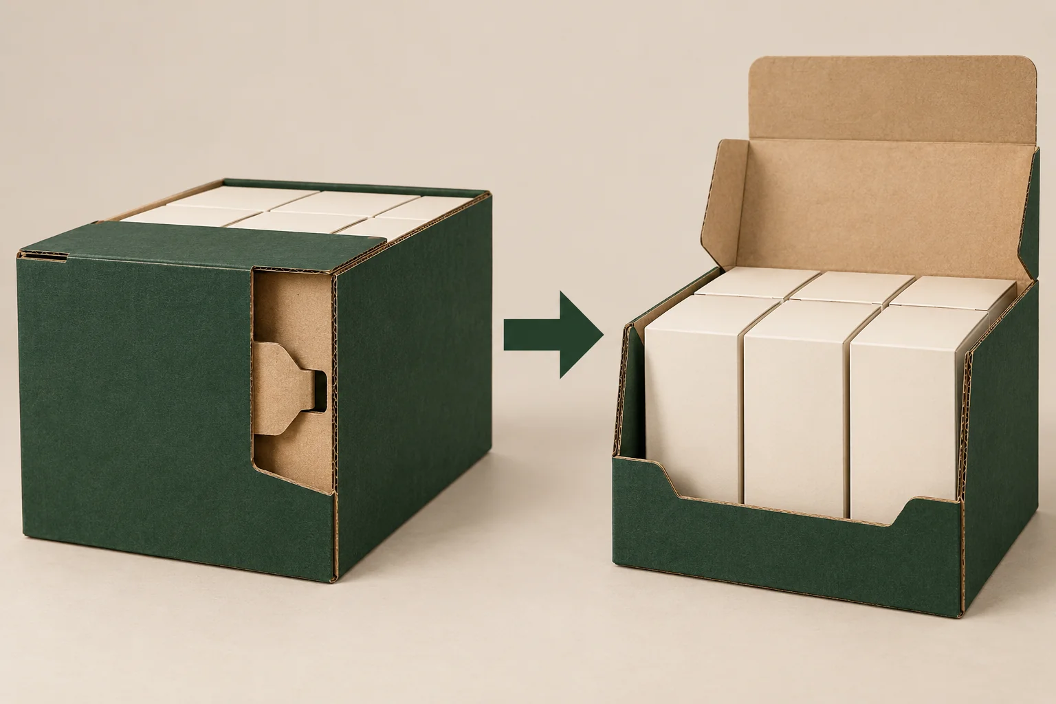 Karton mit Seitenverriegelung: freiliegende Lasche und Aufnahme neben der bestückten Box und geöffneter Displayvariante.