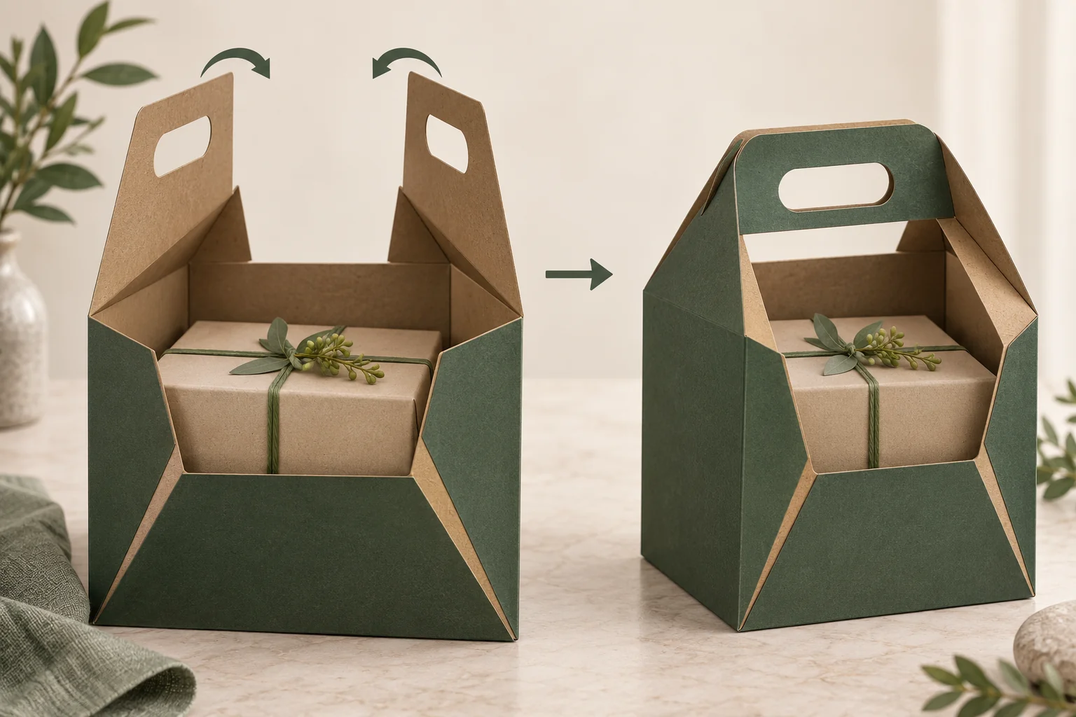 Paarige, integrierte Griffteile stehen offen über einer verpackten Geschenkbox und überlappen im aufgerichteten Träger.