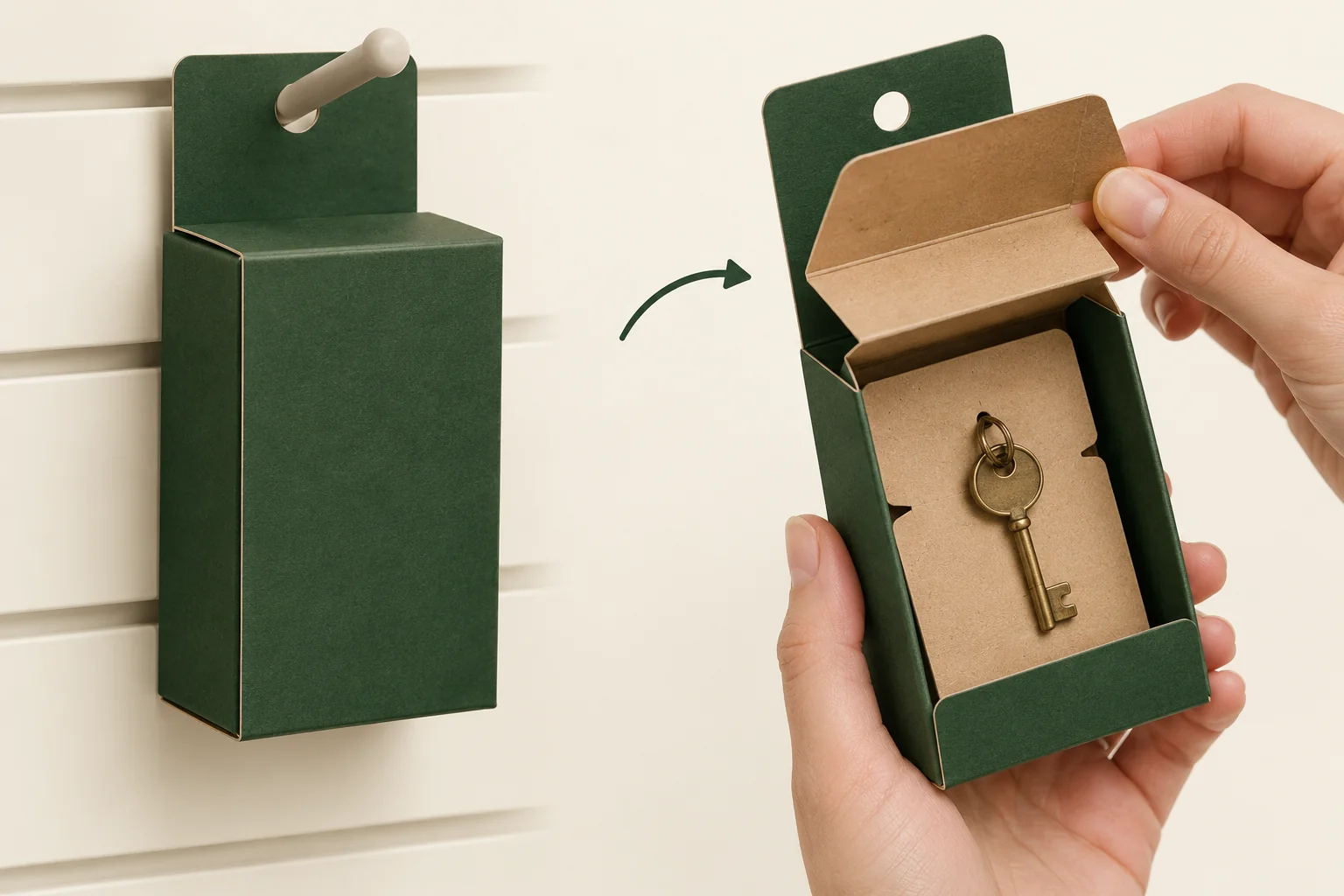 Breite fünfte Aufhängelasche hinter einem Verkaufskörper, während eine Hand die bestückte Verpackung mit Schlüsselzubehör öffnet.