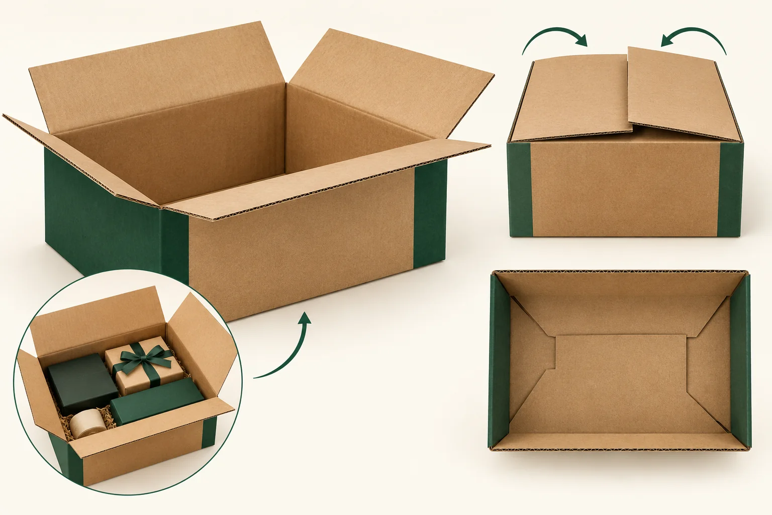 Lange Klappen eines Umkartons überlappen die gesamte Öffnung über einem kompletten Geschenkbündel, mit Schließ- und Unteransicht.