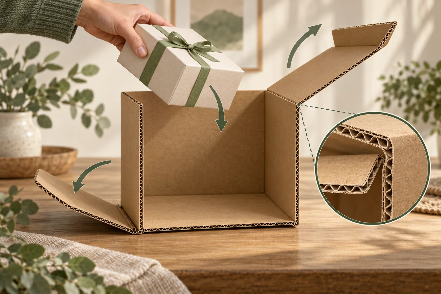 Konzept eines Wellpappkartons mit gegenläufigen Einstecklaschen: entgegengesetzte Schließrichtungen und Nahaufnahme von Welle und Falz um ein Geschenk.
