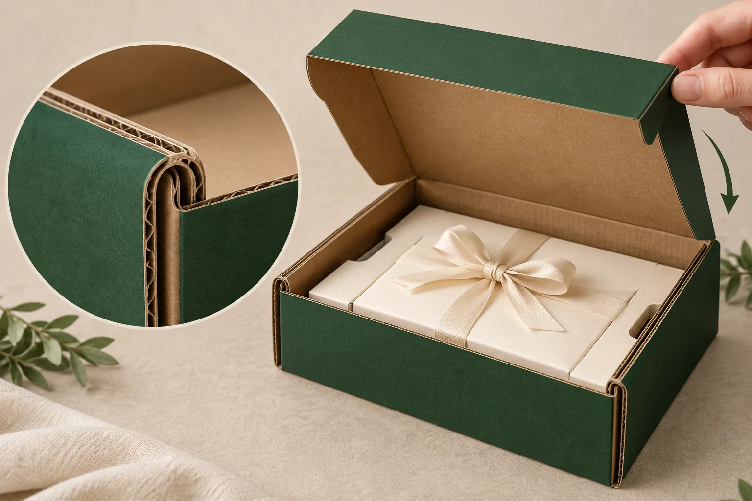 Klappdeckel aus Wellpappe über einem eingepackten Geschenk, mit vergrößertem Schnitt des gerollten Wandumschlags.