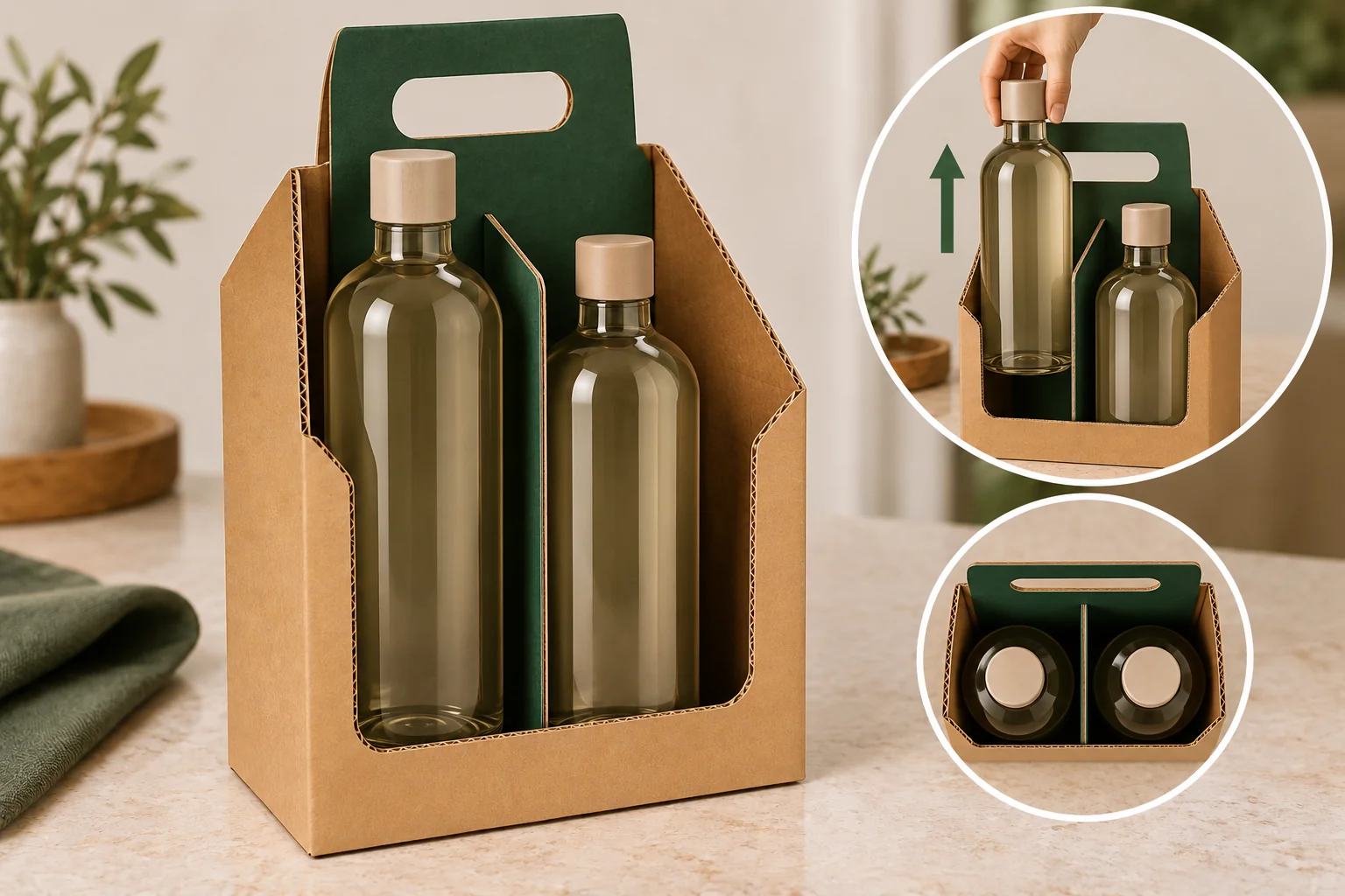 Zwei zylindrische Flaschen in einem unterteilten Geschenkträger mit Griff