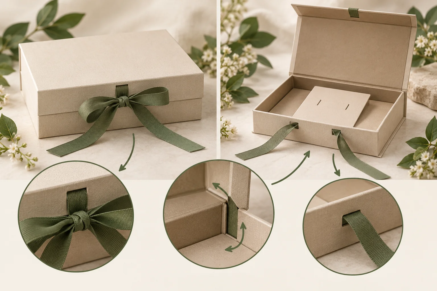 Feste Geschenkbox mit Klappdeckel, außenliegender Bandschleife, inneren Bandbefestigungen und Bandführung.