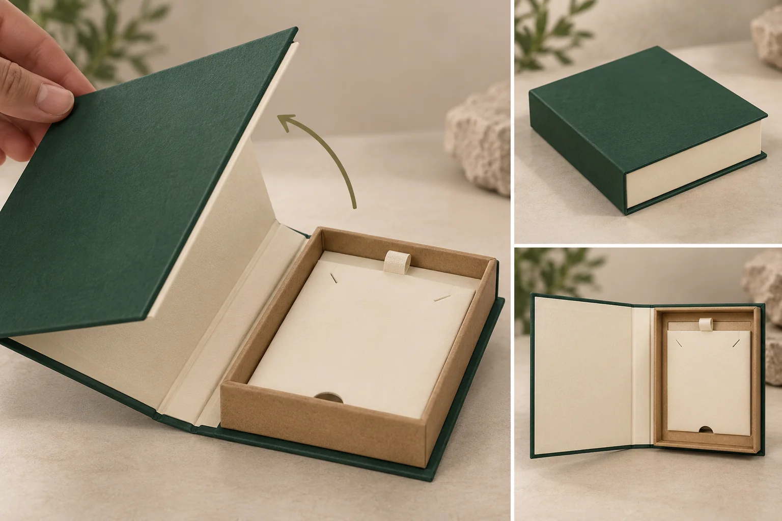 Feste Box im Buchstil: Der Deckel öffnet am Rücken neben einer separaten Schale, daneben die geschlossene Variante.