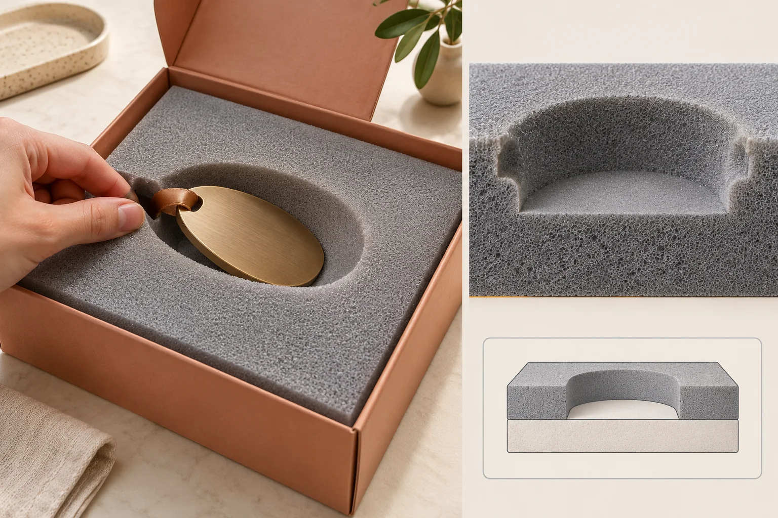 Strukturiertes Schaumbett mit tiefengefräster Mulde, Griffmulde und Schnittdetail mit verbleibendem Material unter der Mulde.
