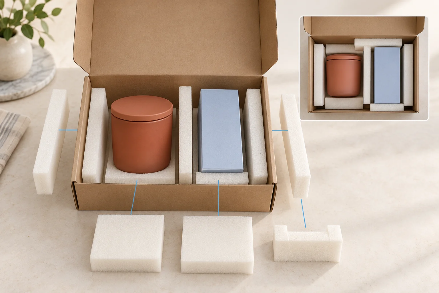 Mehrere separate Schaumstützen um ein Gefäß und ein verpacktes Zubehörteil in einem Umkarton.
