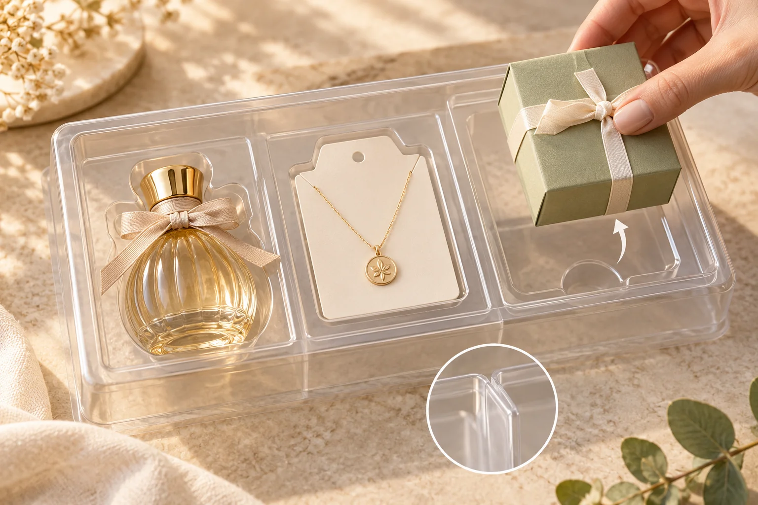 Transparente Formschale mit getrennten Mulden für Gefäß, Halskettenkarte und Geschenkbox sowie einem Entnahmegriff.