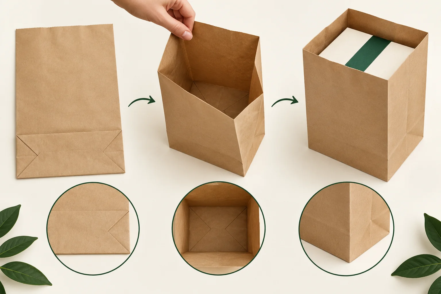 Flache Papiertüte mit Blockboden öffnet sich zu einem geformten Boden, bevor eine verpackte Geschenkbox eingelegt wird.