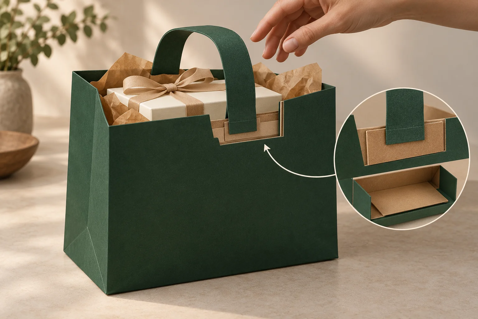 Papier-Tragetasche mit breiten Griffen und einer Geschenkbox, mit vergrößerten Details zu Griff, Verstärkung und Boden.