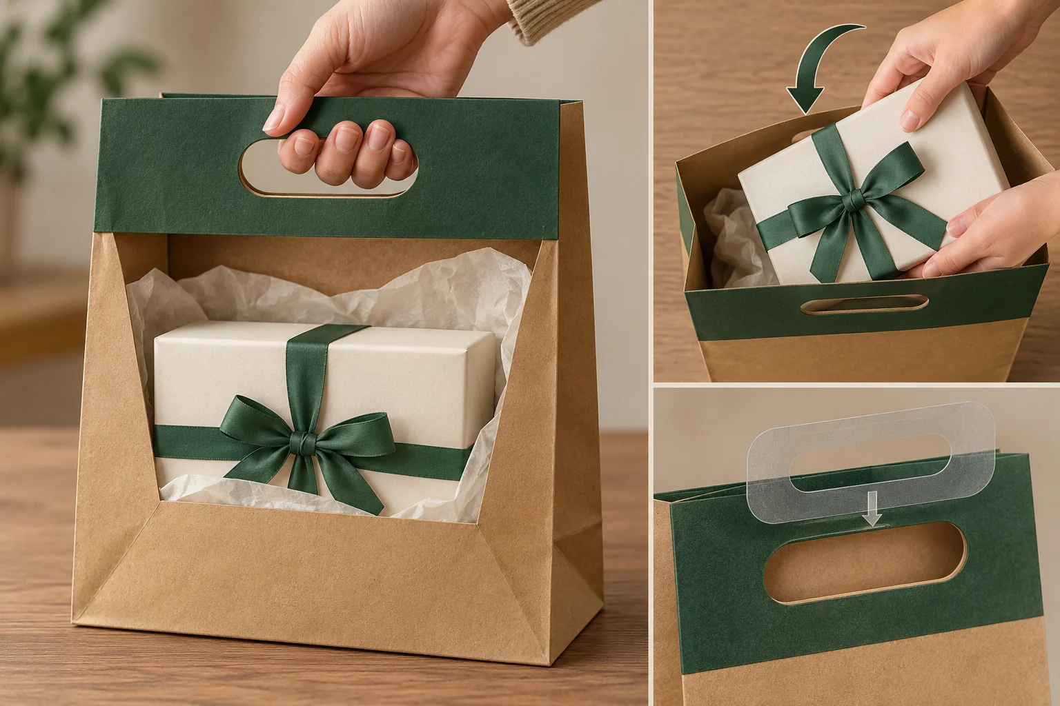 Tasche mit Stanzgriff, freiem Griffbereich über einer Geschenkbox und separatem Konzept für eine optionale Verstärkung.